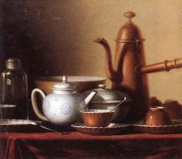 unknow artist Still life of a chocolate pot,teapot,sucrier,bowl,teajar,tea cups and saucers,and silver spoons,all upon a draped table top Germany oil painting art